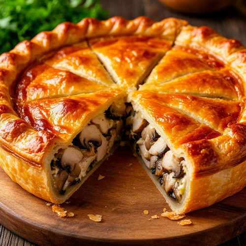Пирог с курицей, сыром и грибами