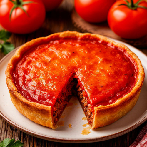 Пирог с мясом в томатном соусе и сыром